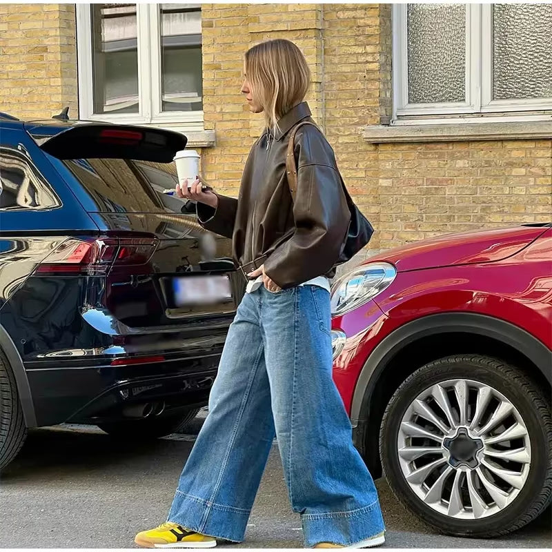 Vintage PU Leather Bomber Jackets 2025 Autumn New Ladies Zipper Lapel Long Sleeve Pocket Coat with Belt Women'S Loose Streetwear