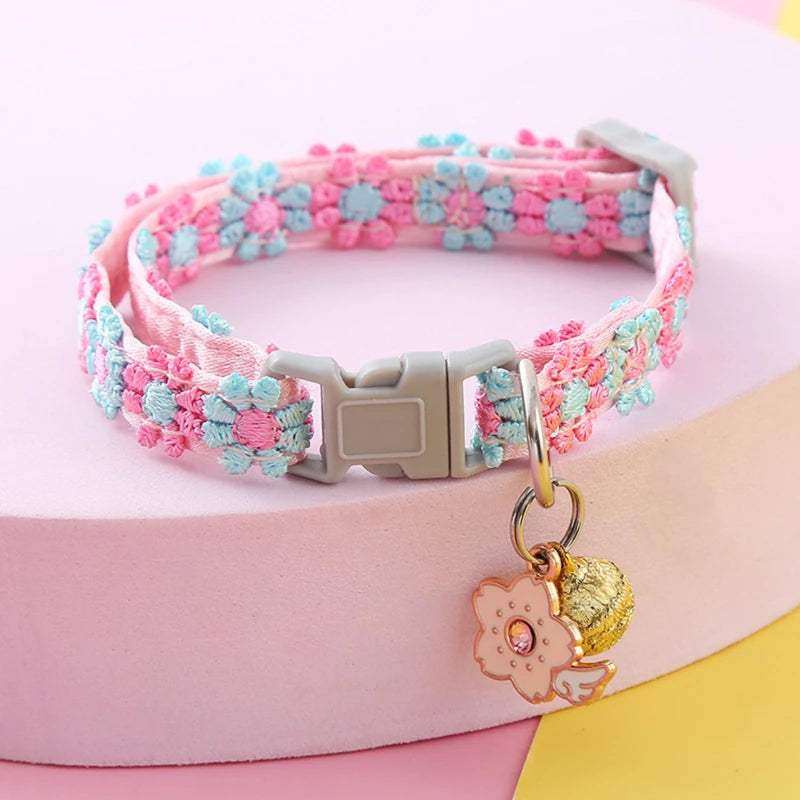 Fashion Rainbow Flower Cat Collar with Bell Kitten Puppy Necklace Adjustable Buckle Colorful Lace Kitten Collar Dog Accessories