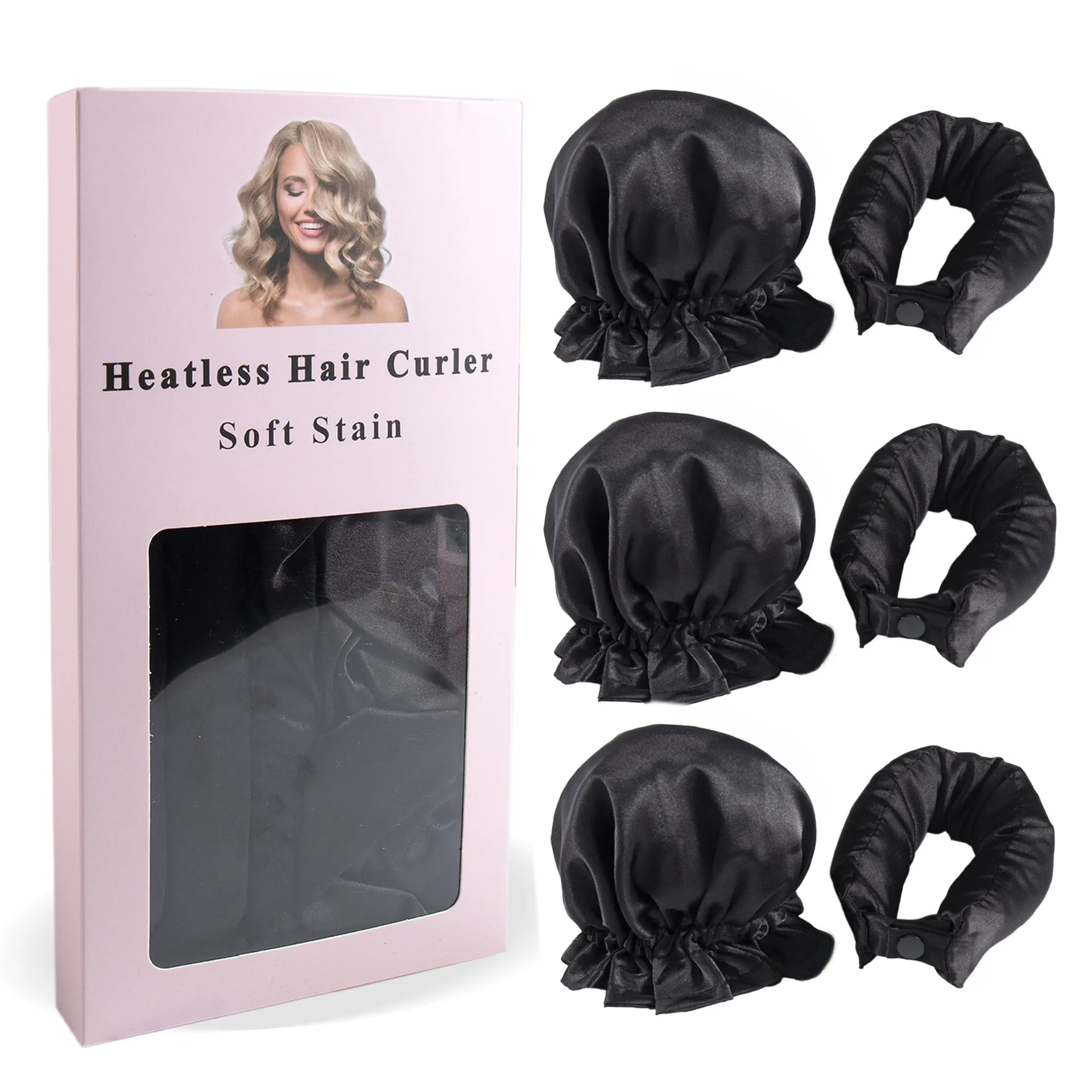 3Pc Satin Heatless Curling Rod with Hair Caps, Soft Overnight Curling Rod Headband