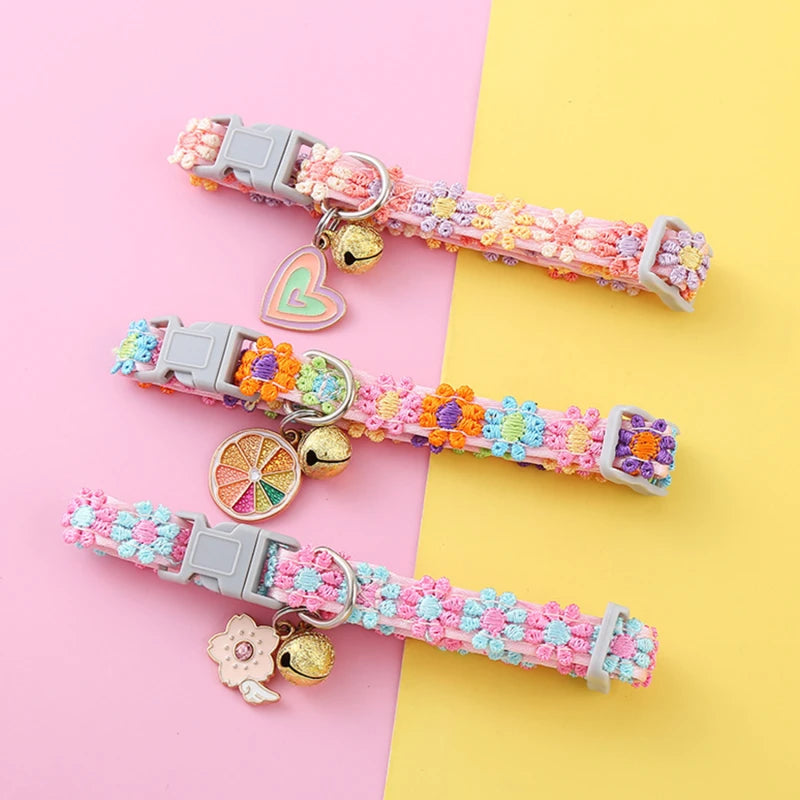 Fashion Rainbow Flower Cat Collar with Bell Kitten Puppy Necklace Adjustable Buckle Colorful Lace Kitten Collar Dog Accessories