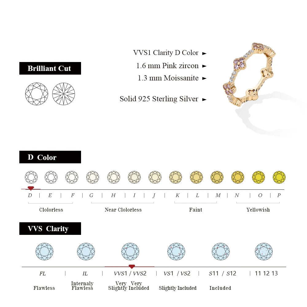 Eternity DVVS1 Moissanite Ring for Women 100% Real 925 Sterling Silver Gold Plated Wedding Party Charm Fine Jewelry New