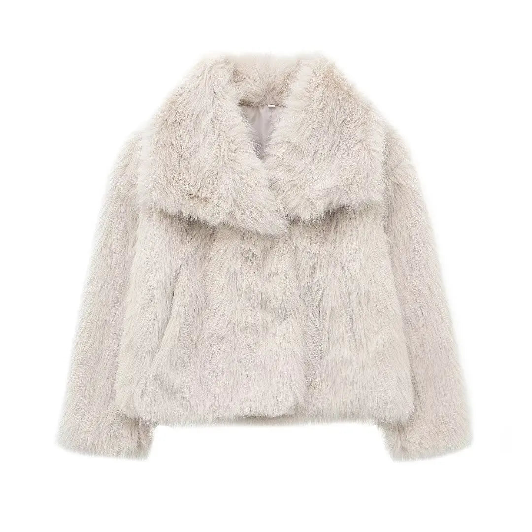 HH Women Fashion Cropped Faux Fur Jacket Coat Long Sleeve Front Snap-Button Female Outerwear Chic Lapel Collar Thick Coat