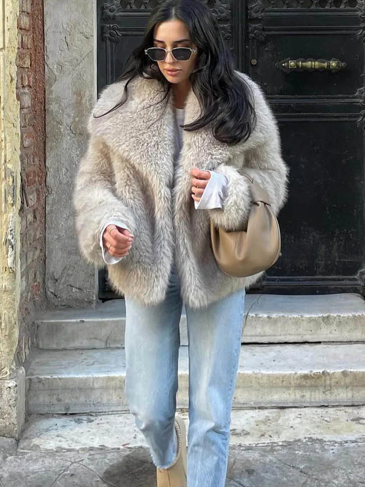 HH Women Fashion Cropped Faux Fur Jacket Coat Long Sleeve Front Snap-Button Female Outerwear Chic Lapel Collar Thick Coat