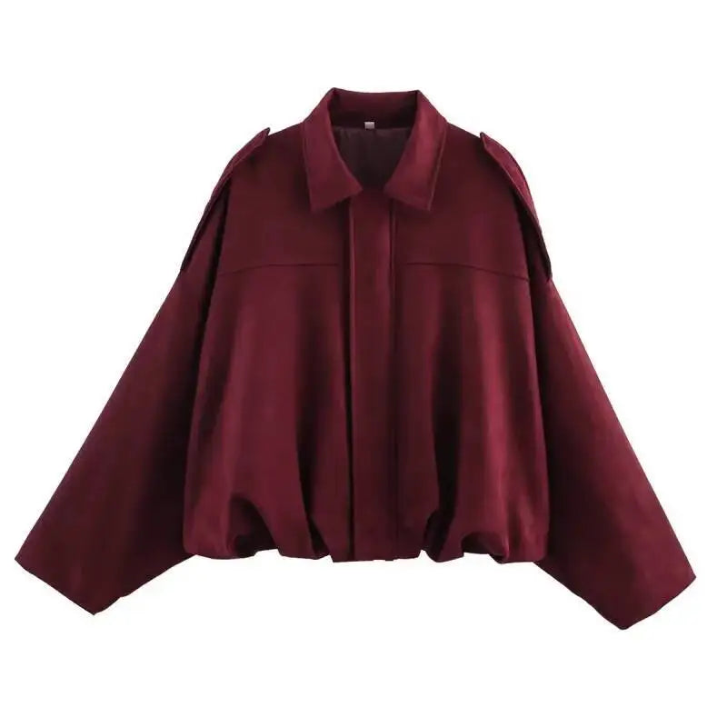 Women'S Suede Texture Effect Loose Version of Fashion Lapel Shoulder Bomber Jacket