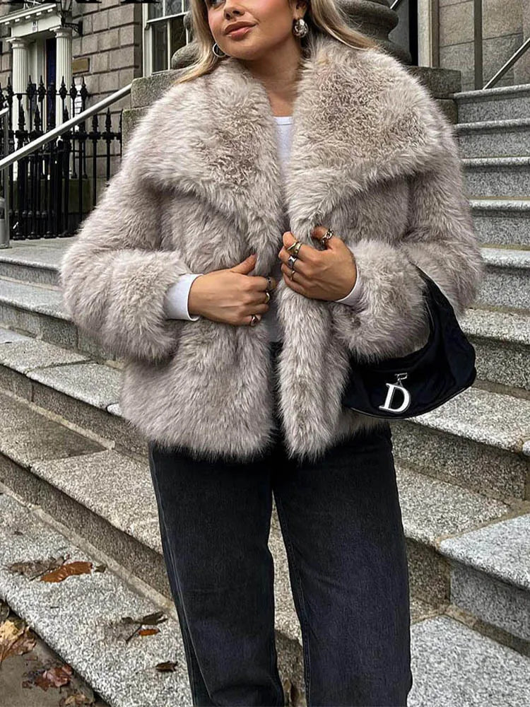 HH Women Fashion Cropped Faux Fur Jacket Coat Long Sleeve Front Snap-Button Female Outerwear Chic Lapel Collar Thick Coat