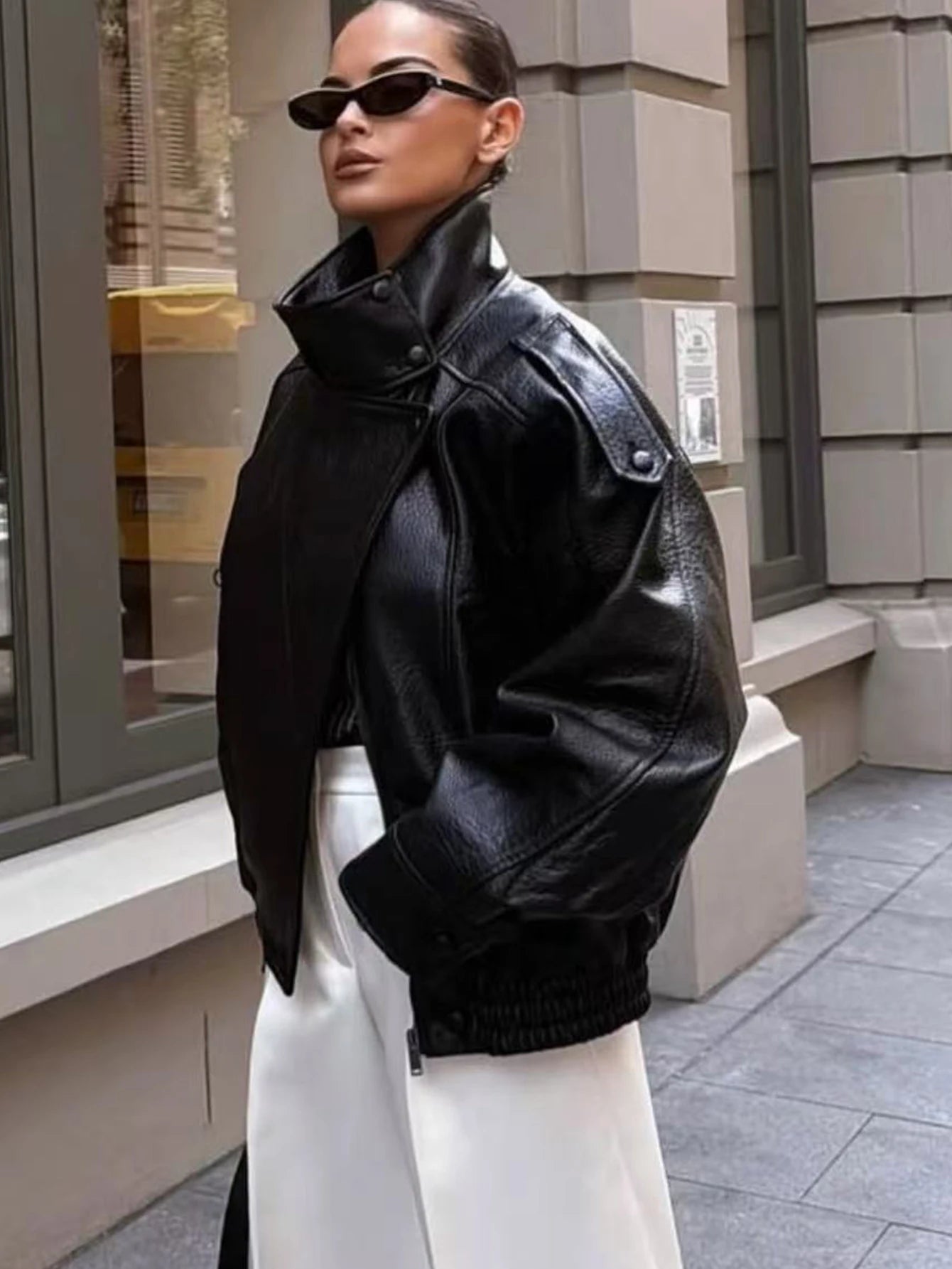 TFMLN 2025 Women Faux Leather Loose Jacket High Street Stand Collar Long Sleeve Coat Fashion Causal Zipper Outwear Autumn Winter