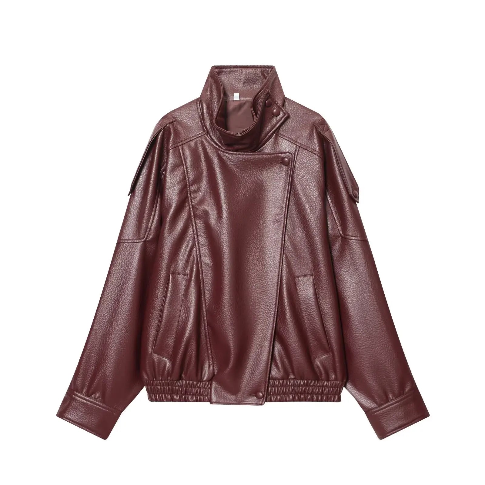 TFMLN 2025 Women Faux Leather Loose Jacket High Street Stand Collar Long Sleeve Coat Fashion Causal Zipper Outwear Autumn Winter