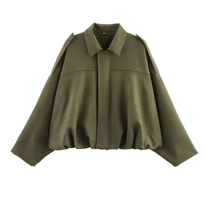 Women'S Suede Texture Effect Loose Version of Fashion Lapel Shoulder Bomber Jacket