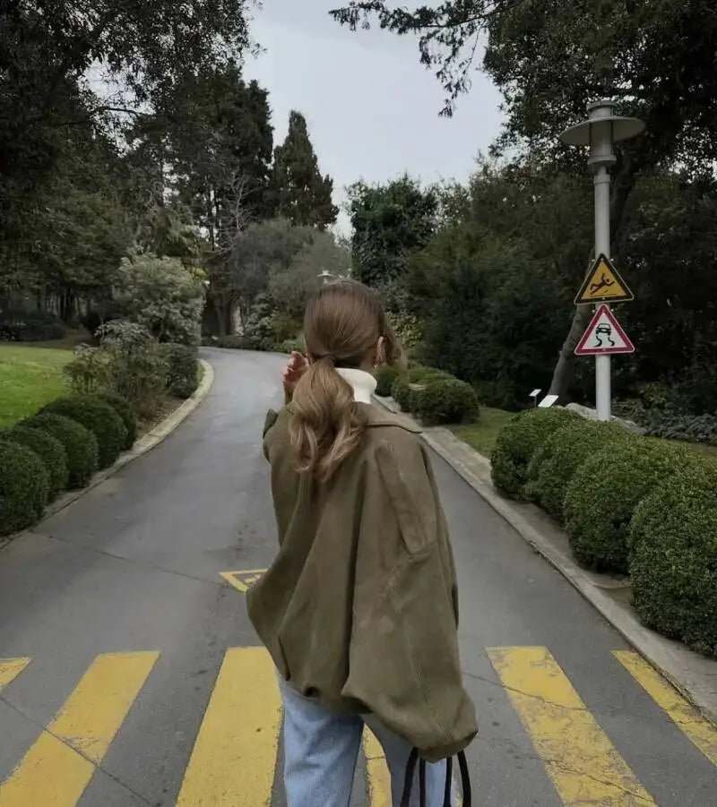 Women'S Suede Texture Effect Loose Version of Fashion Lapel Shoulder Bomber Jacket