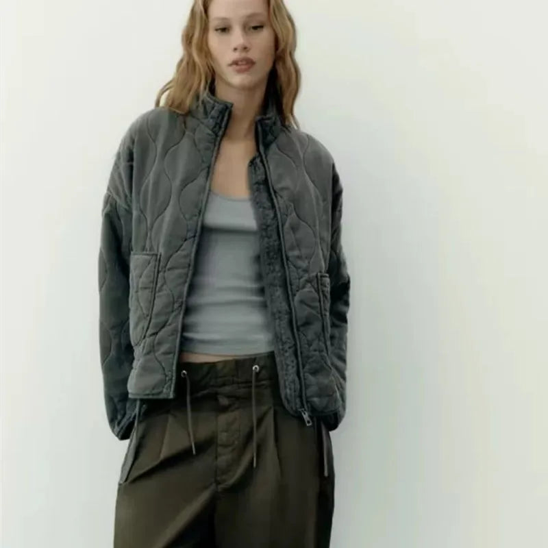 Women'S Cotton Jacket Vintage Lenzing Rayon High Collar Large Pocket 