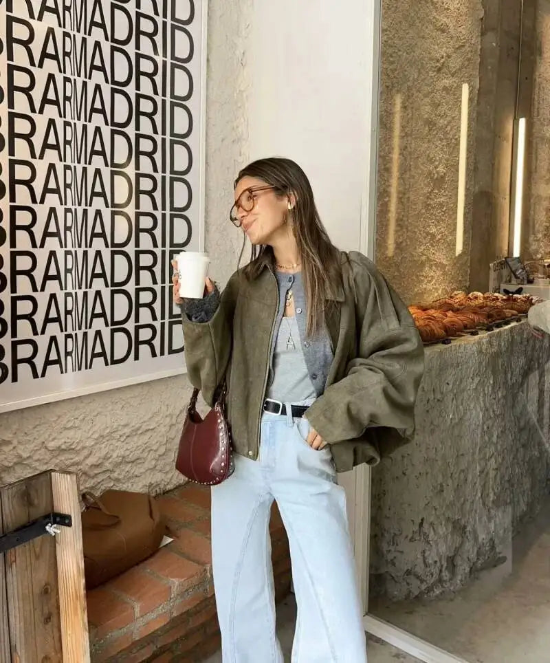 Women'S Suede Texture Effect Loose Version of Fashion Lapel Shoulder Bomber Jacket