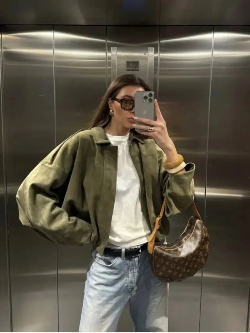 Women'S Suede Texture Effect Loose Version of Fashion Lapel Shoulder Bomber Jacket
