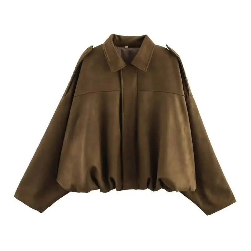 Women'S Suede Texture Effect Loose Version of Fashion Lapel Shoulder Bomber Jacket