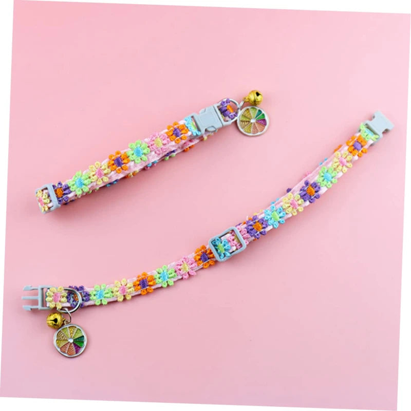 Fashion Rainbow Flower Cat Collar with Bell Kitten Puppy Necklace Adjustable Buckle Colorful Lace Kitten Collar Dog Accessories