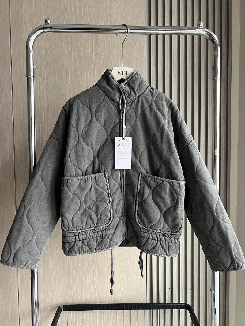 Women'S Cotton Jacket Vintage Lenzing Rayon High Collar Large Pocket 