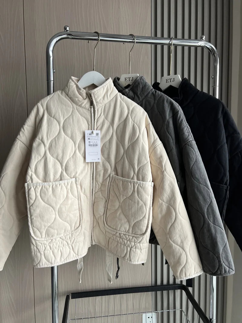 Women'S Cotton Jacket Vintage Lenzing Rayon High Collar Large Pocket 