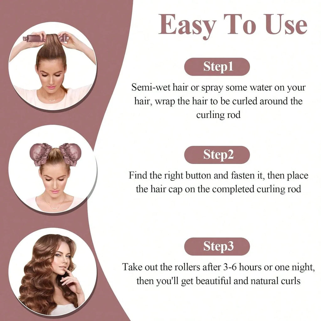 3Pc Satin Heatless Curling Rod with Hair Caps, Soft Overnight Curling Rod Headband