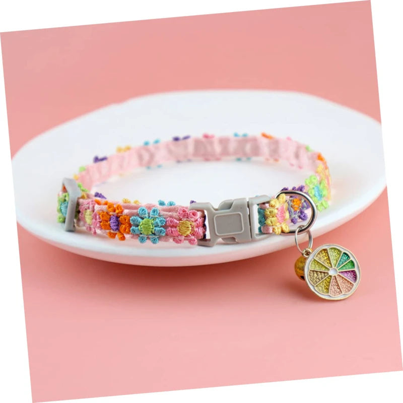 Fashion Rainbow Flower Cat Collar with Bell Kitten Puppy Necklace Adjustable Buckle Colorful Lace Kitten Collar Dog Accessories