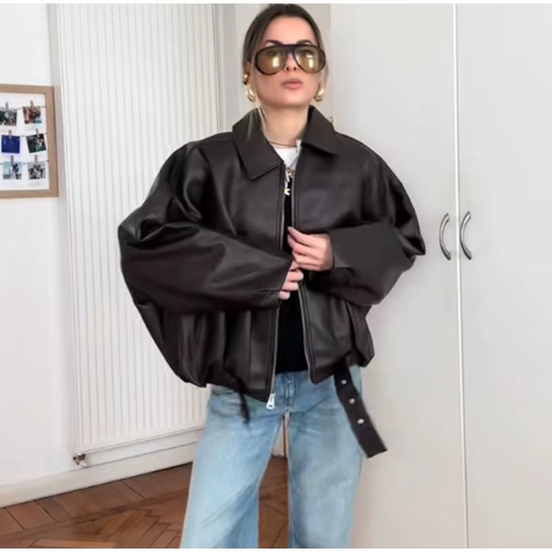 Vintage PU Leather Bomber Jackets 2025 Autumn New Ladies Zipper Lapel Long Sleeve Pocket Coat with Belt Women'S Loose Streetwear