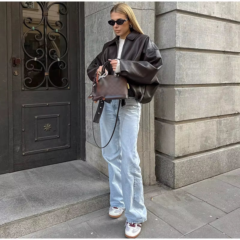 Vintage PU Leather Bomber Jackets 2025 Autumn New Ladies Zipper Lapel Long Sleeve Pocket Coat with Belt Women'S Loose Streetwear